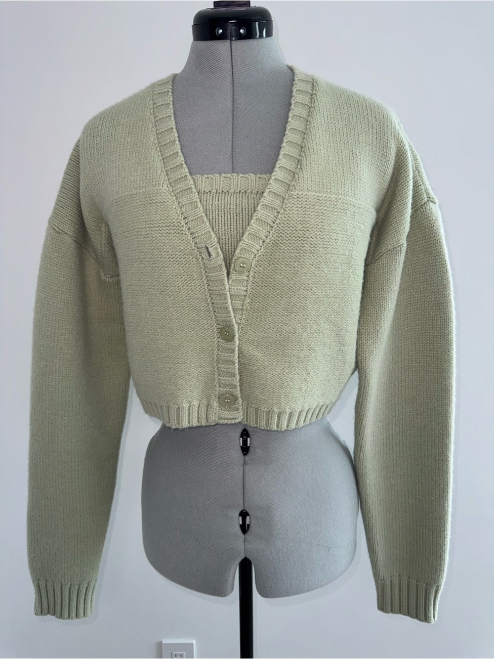 2 piece Cropped V-Neck Knit Cardigan and tube top in Sage Green